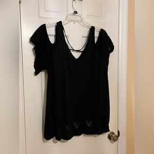 Black, cold shoulder, top with lace accent from Torrid